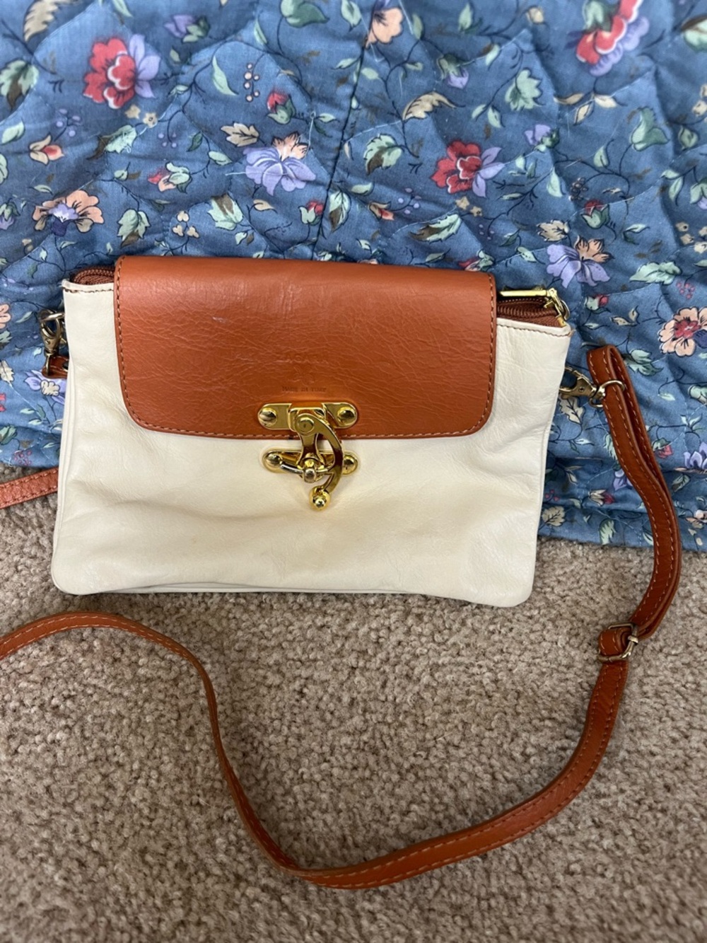 Zagara Two-Tone Cream and Brown Leather Crossbody with Gold Turn-Lock